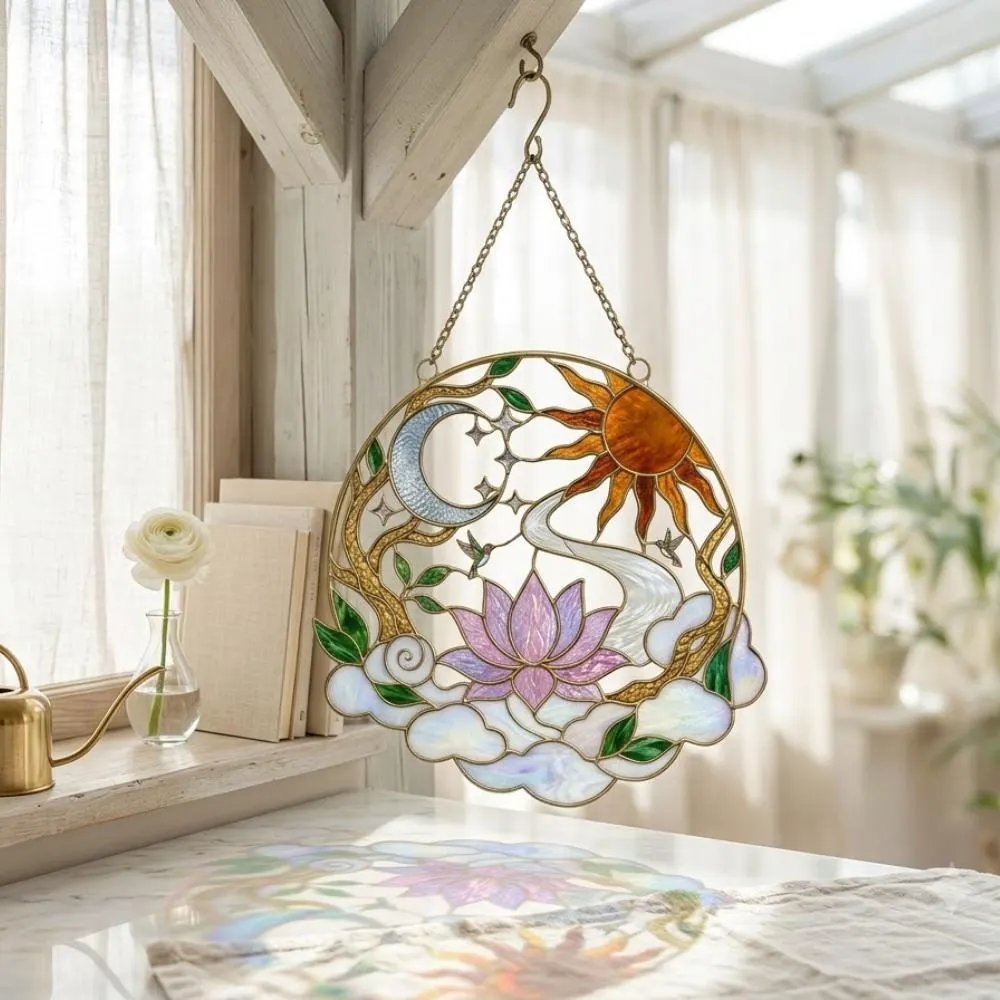 Lotus Sun and Moon Stained Glass Suncatcher, Hummingbird Window Hanging, Celestial Tree of Life Decor, Spiritual Gift YB1603 - Media 2