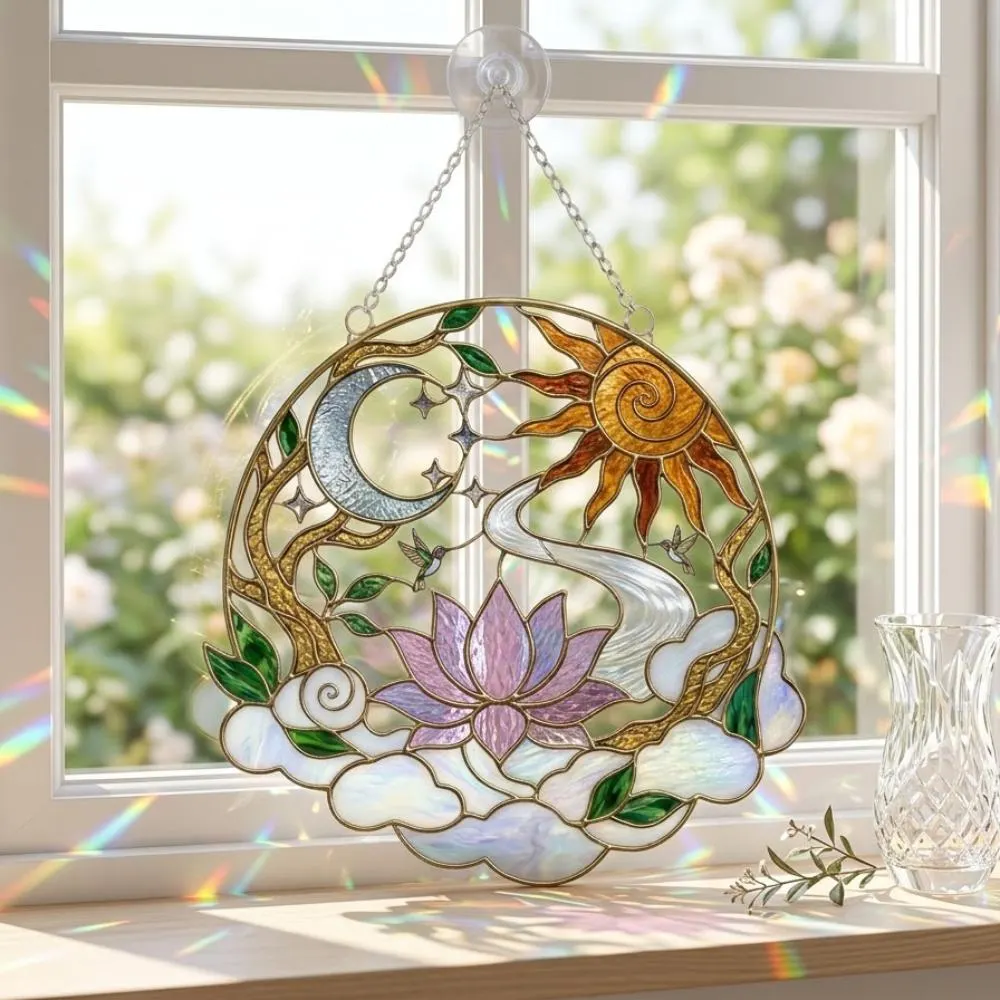 Lotus Sun and Moon Stained Glass Suncatcher, Hummingbird Window Hanging, Celestial Tree of Life Decor, Spiritual Gift YB1603 - Media 3