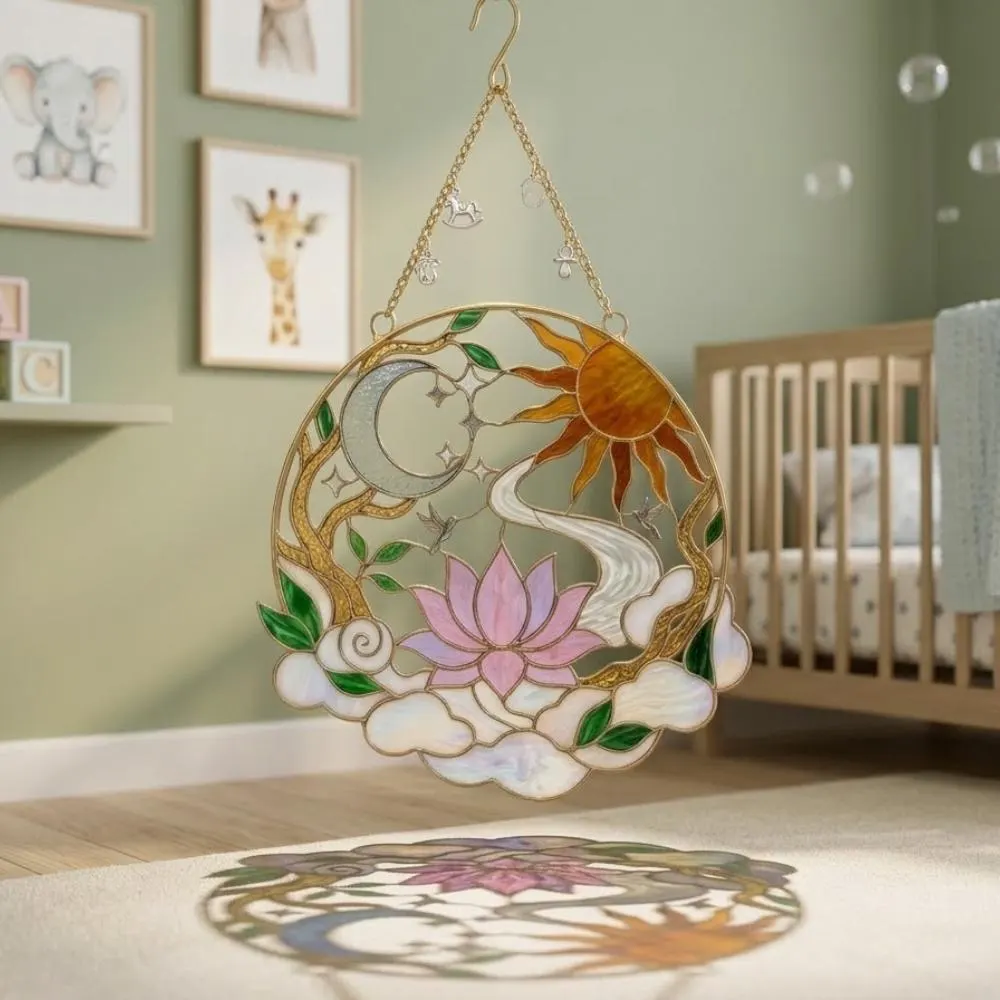 Lotus Sun and Moon Stained Glass Suncatcher, Hummingbird Window Hanging, Celestial Tree of Life Decor, Spiritual Gift YB1603 - Media 4