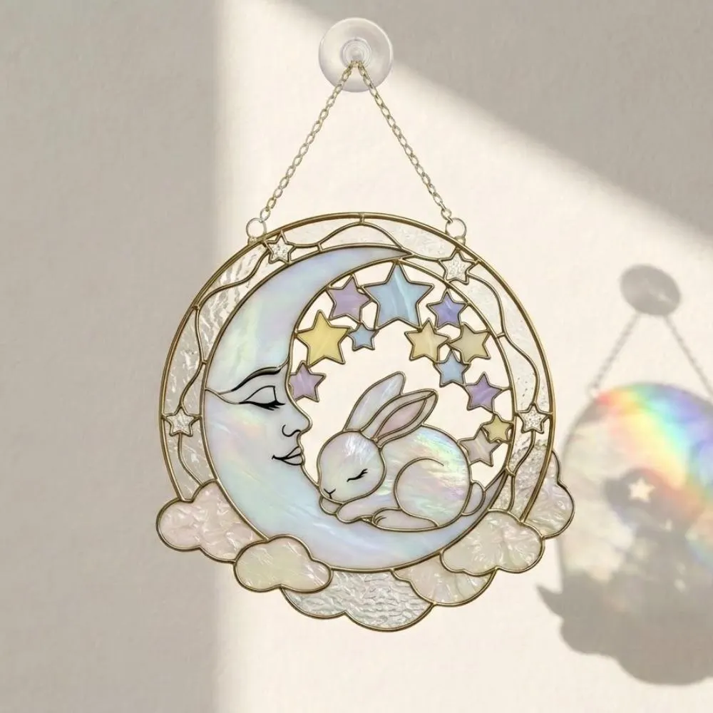 Stained Glass Bunny on Moon Suncatcher, Iridescent Sleeping Rabbit Window Hanging, Celestial Nursery Decor, Cloud and Star Wall Art YB1603