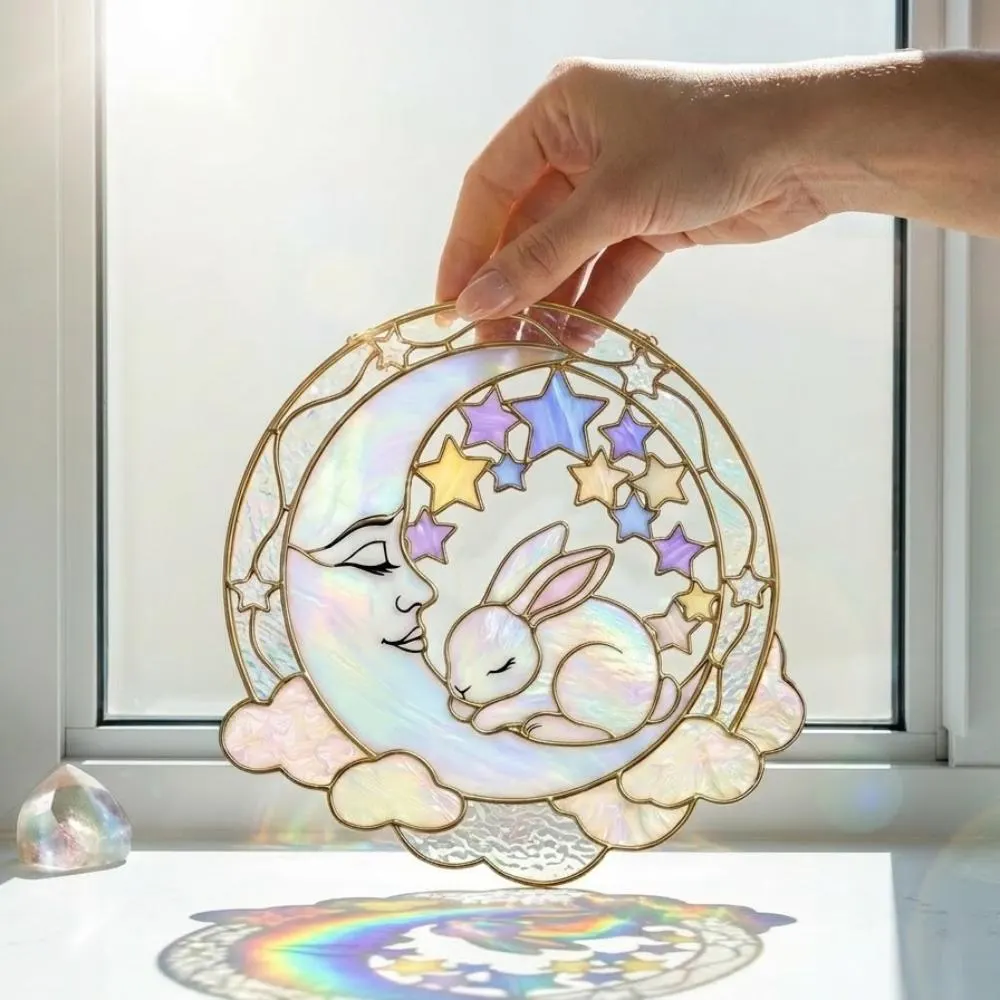 Stained Glass Bunny on Moon Suncatcher, Iridescent Sleeping Rabbit Window Hanging, Celestial Nursery Decor, Cloud and Star Wall Art YB1603 - Media 2