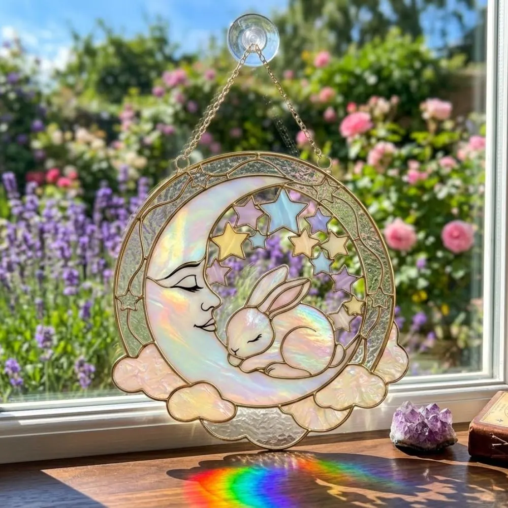 Stained Glass Bunny on Moon Suncatcher, Iridescent Sleeping Rabbit Window Hanging, Celestial Nursery Decor, Cloud and Star Wall Art YB1603 - Media 3