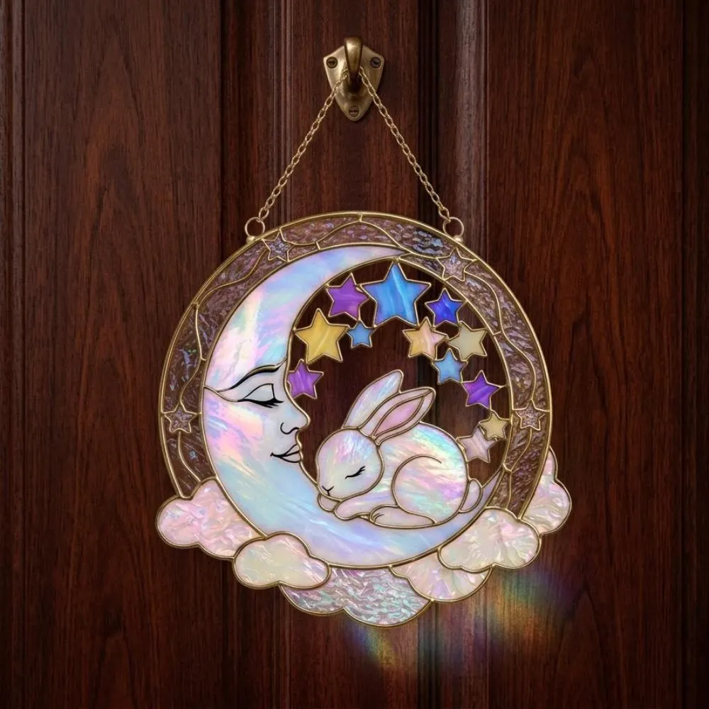 Stained Glass Bunny on Moon Suncatcher, Iridescent Sleeping Rabbit Window Hanging, Celestial Nursery Decor, Cloud and Star Wall Art YB1603 - Media 4