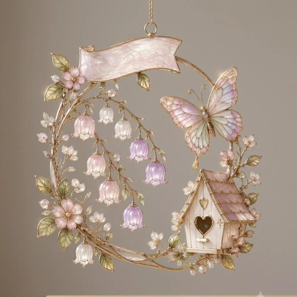 Whimsical Lily of the Valley Hanging Wreath with Butterfly & Birdhouse, Cottagecore Spring Wall Decor, Pastel Floral Ornament Gift YB1603