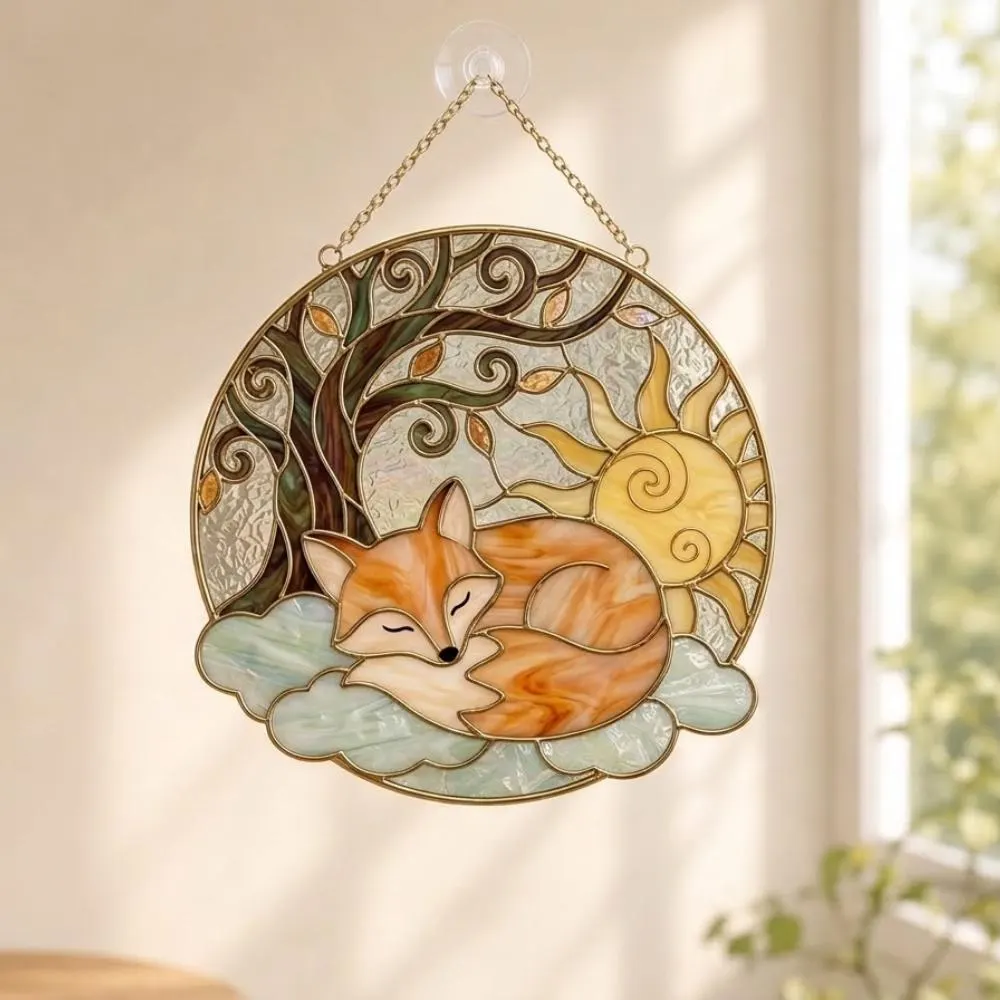 Sleeping Fox Suncatcher, Stained Glass Fox Window Hanging, Fox Lover Gift, Woodland Nursery Decor, Tree of Life Glass Art YB1603