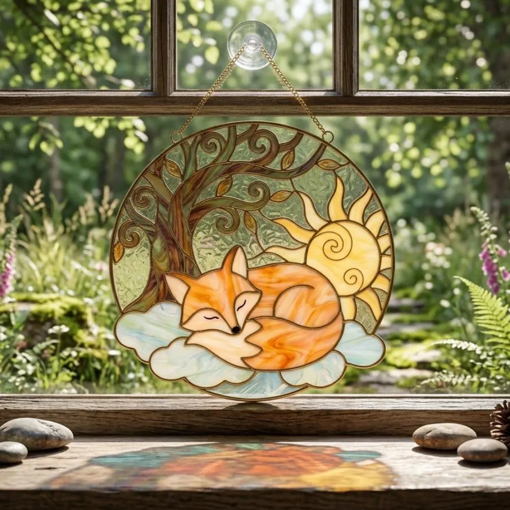 Sleeping Fox Suncatcher, Stained Glass Fox Window Hanging, Fox Lover Gift, Woodland Nursery Decor, Tree of Life Glass Art YB1603 - Media 2