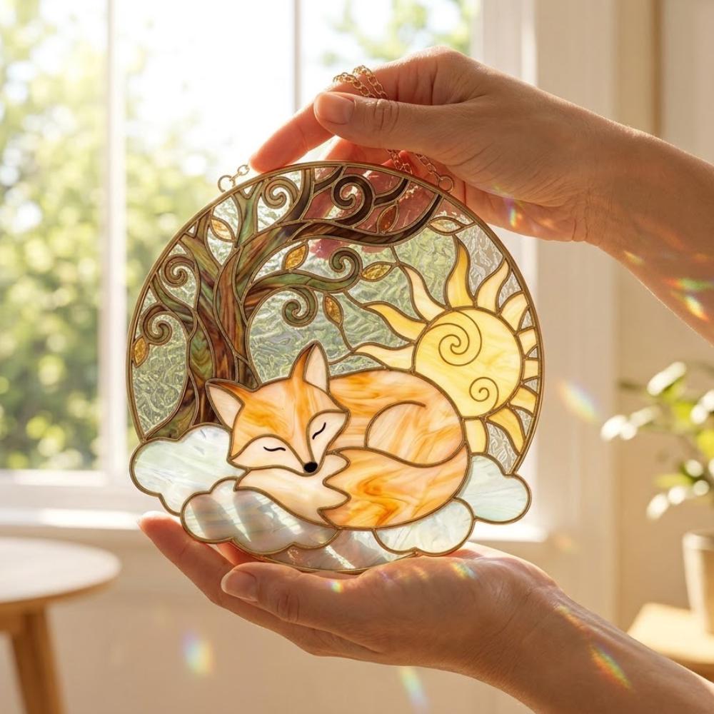 Sleeping Fox Suncatcher, Stained Glass Fox Window Hanging, Fox Lover Gift, Woodland Nursery Decor, Tree of Life Glass Art YB1603 - Media 4