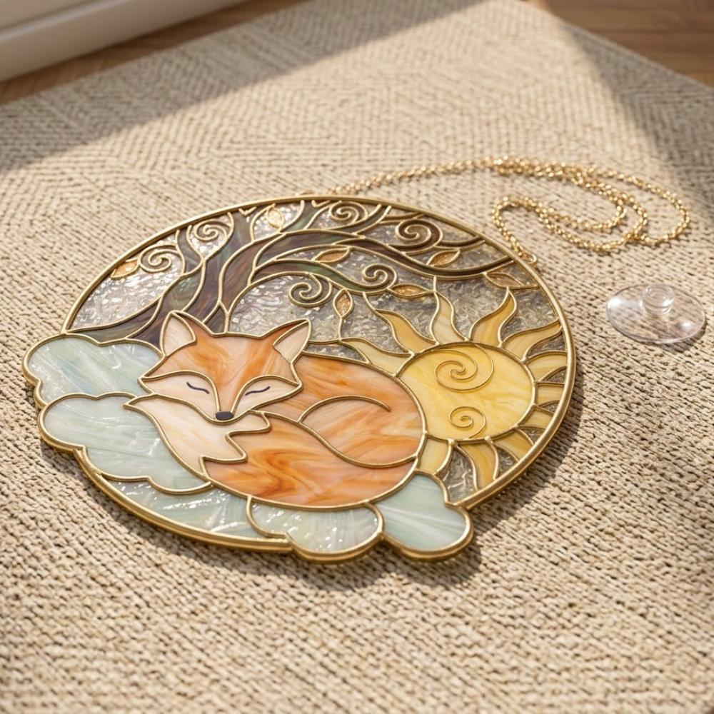 Sleeping Fox Suncatcher, Stained Glass Fox Window Hanging, Fox Lover Gift, Woodland Nursery Decor, Tree of Life Glass Art YB1603 - Media 5