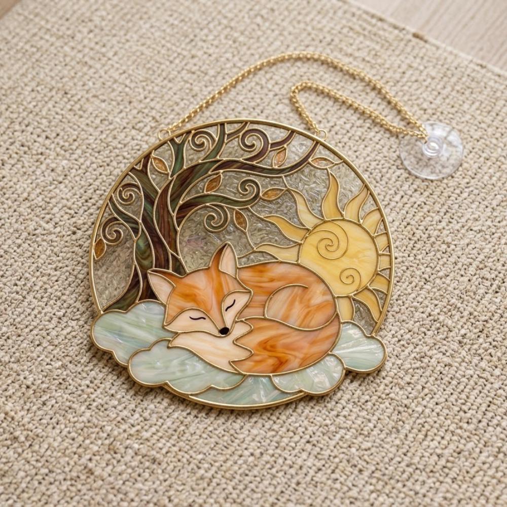 Sleeping Fox Suncatcher, Stained Glass Fox Window Hanging, Fox Lover Gift, Woodland Nursery Decor, Tree of Life Glass Art YB1603 - Media 6