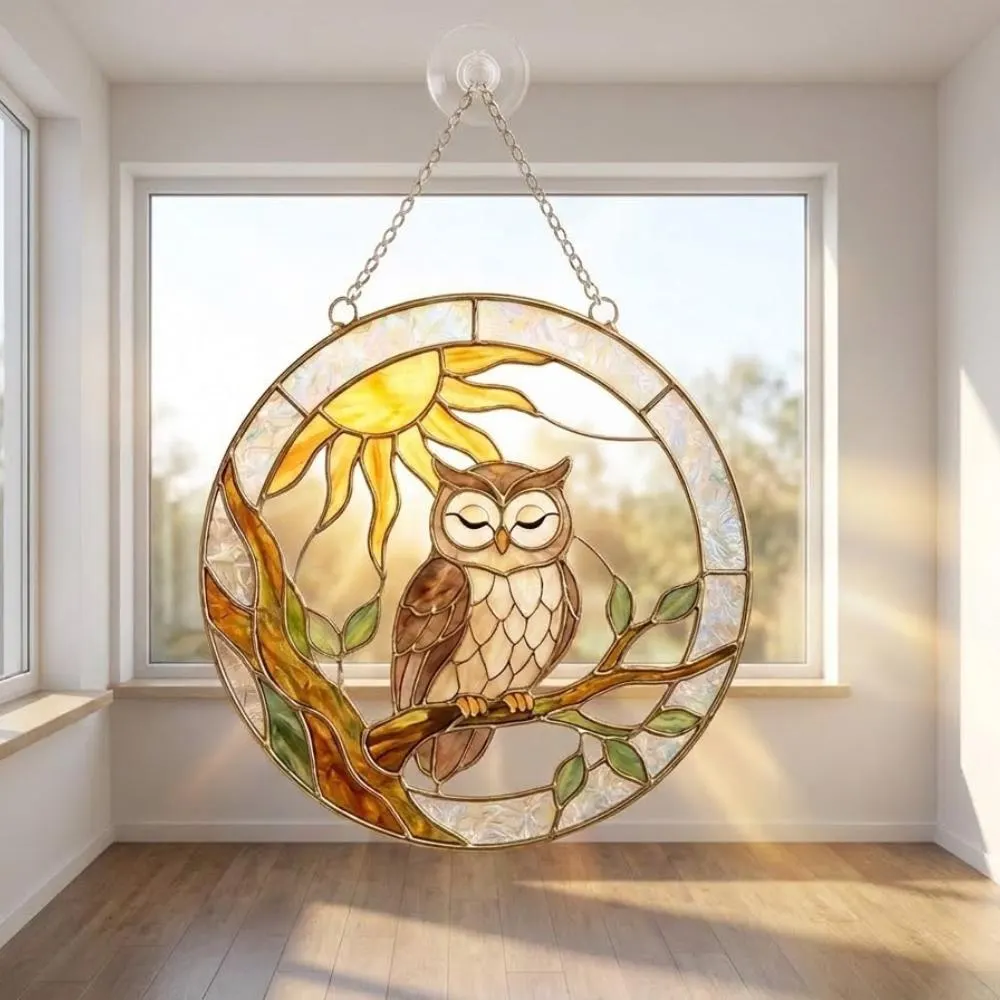 Wise Owl Suncatcher, Stained Glass Owl Window Hanging, Owl Lover Gift, Woodland Forest Decor, Sun and Bird Glass Art YB1603