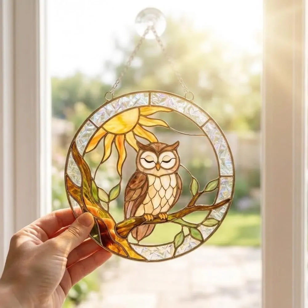 Wise Owl Suncatcher, Stained Glass Owl Window Hanging, Owl Lover Gift, Woodland Forest Decor, Sun and Bird Glass Art YB1603 - Media 2