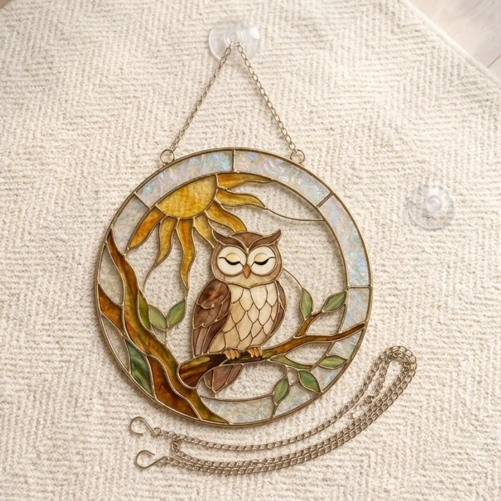 Wise Owl Suncatcher, Stained Glass Owl Window Hanging, Owl Lover Gift, Woodland Forest Decor, Sun and Bird Glass Art YB1603 - Media 3