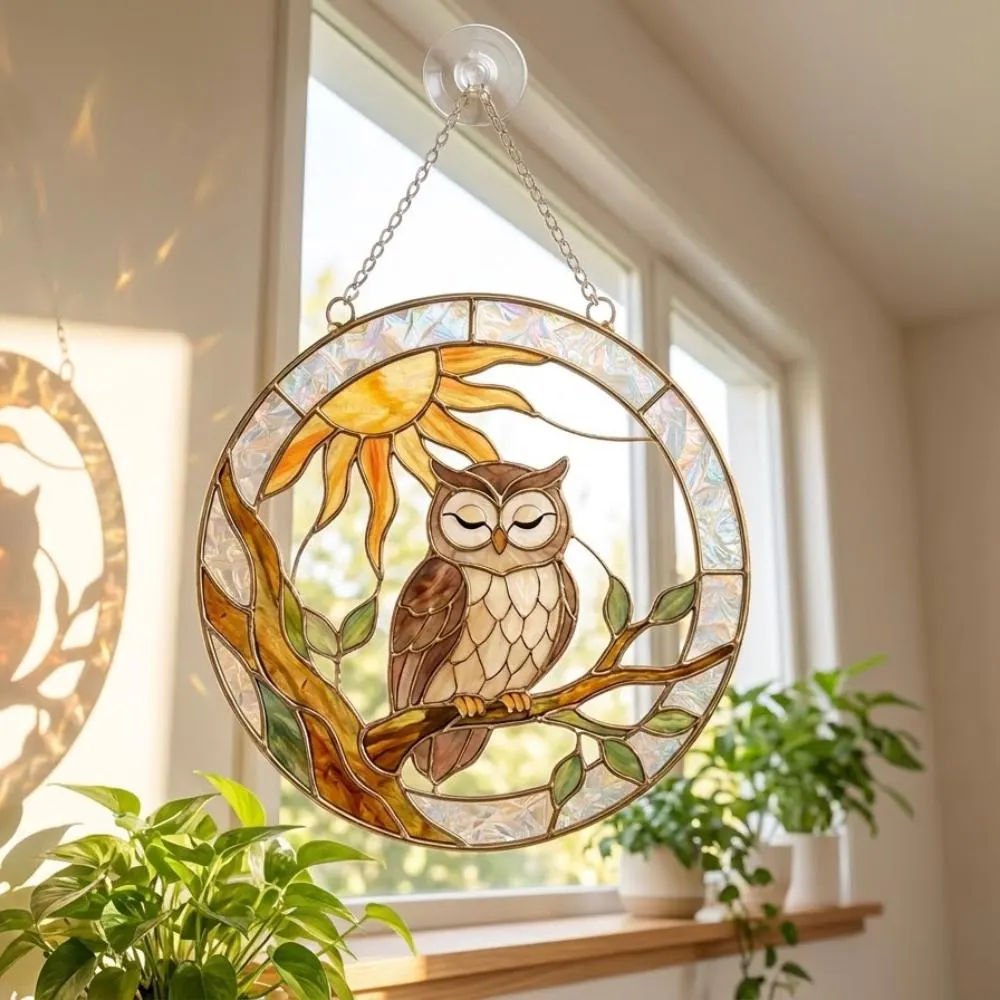 Wise Owl Suncatcher, Stained Glass Owl Window Hanging, Owl Lover Gift, Woodland Forest Decor, Sun and Bird Glass Art YB1603 - Media 5
