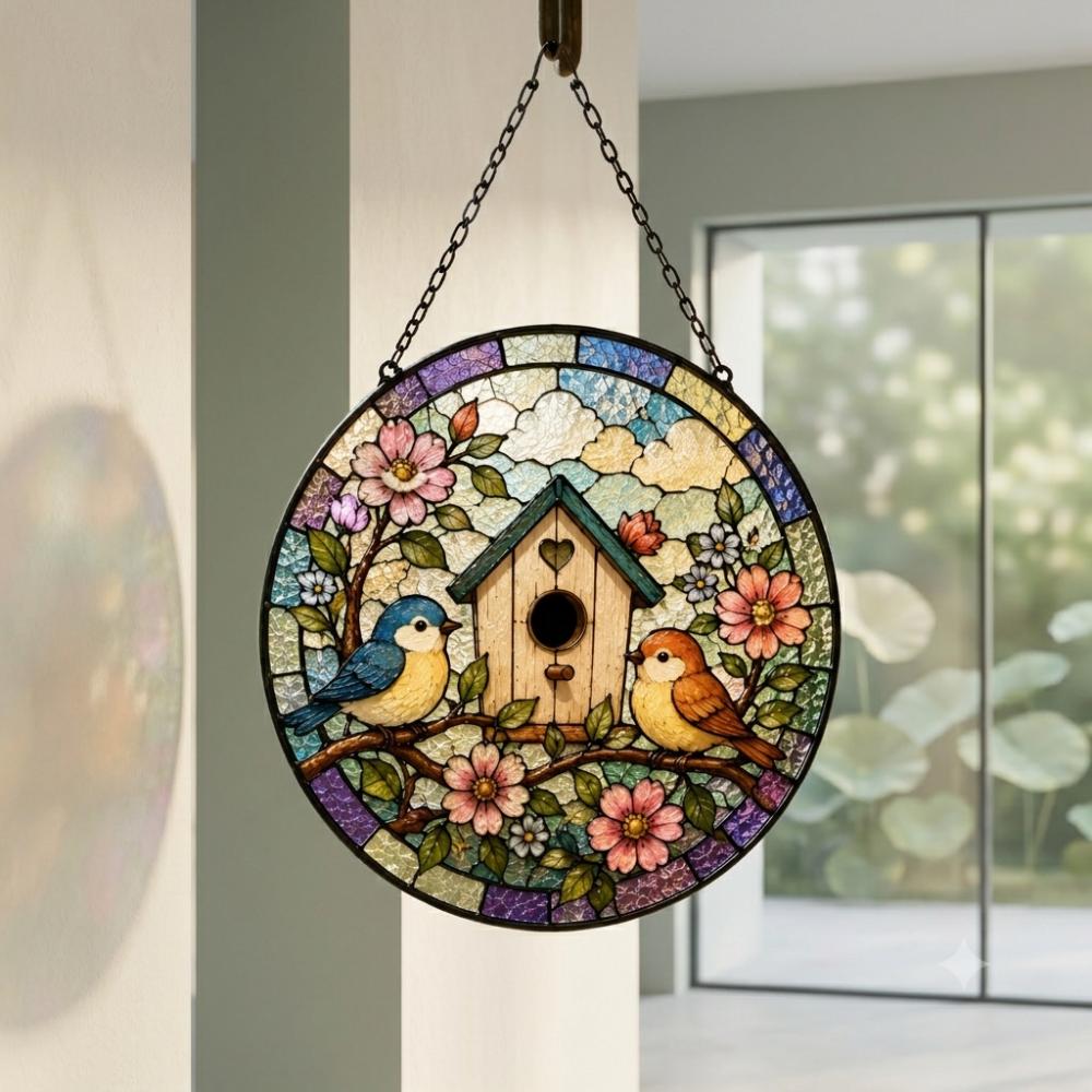 Stained Glass Birdhouse Suncatcher, Bluebird and Robin Window Hanging, Cottagecore Floral Bird Decor, Housewarming YB1603
