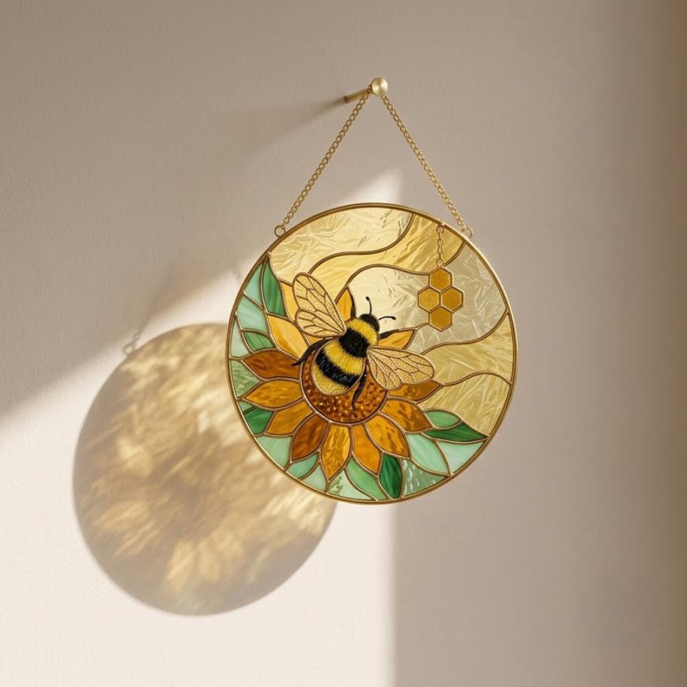 Bumblebee Suncatcher, Sunflower Stained Glass Window Hanging, Honeycomb Bee Decor, Bee Lover Gift, Garden Window Art YB1603