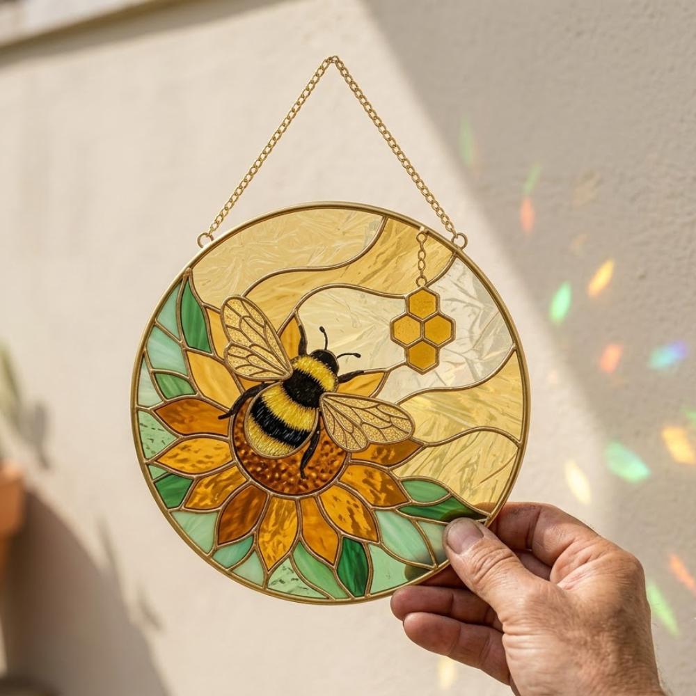 Bumblebee Suncatcher, Sunflower Stained Glass Window Hanging, Honeycomb Bee Decor, Bee Lover Gift, Garden Window Art YB1603 - Media 2