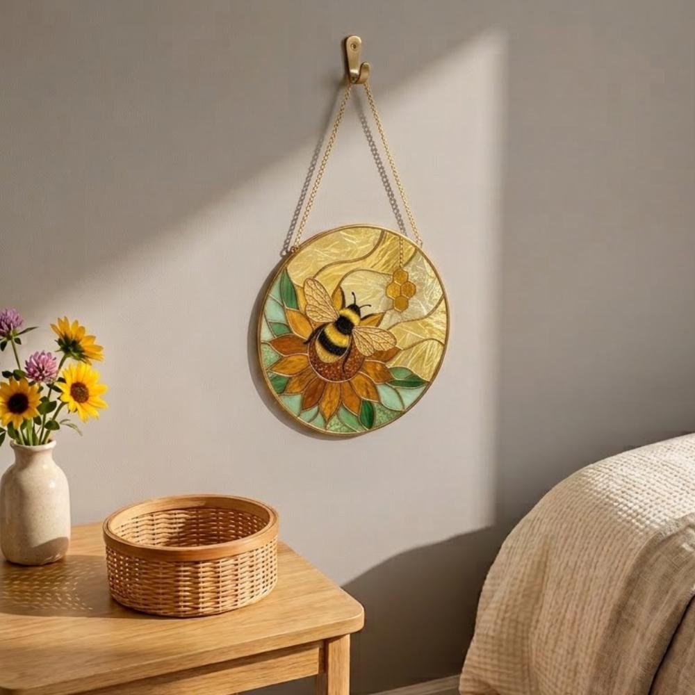 Bumblebee Suncatcher, Sunflower Stained Glass Window Hanging, Honeycomb Bee Decor, Bee Lover Gift, Garden Window Art YB1603 - Media 3