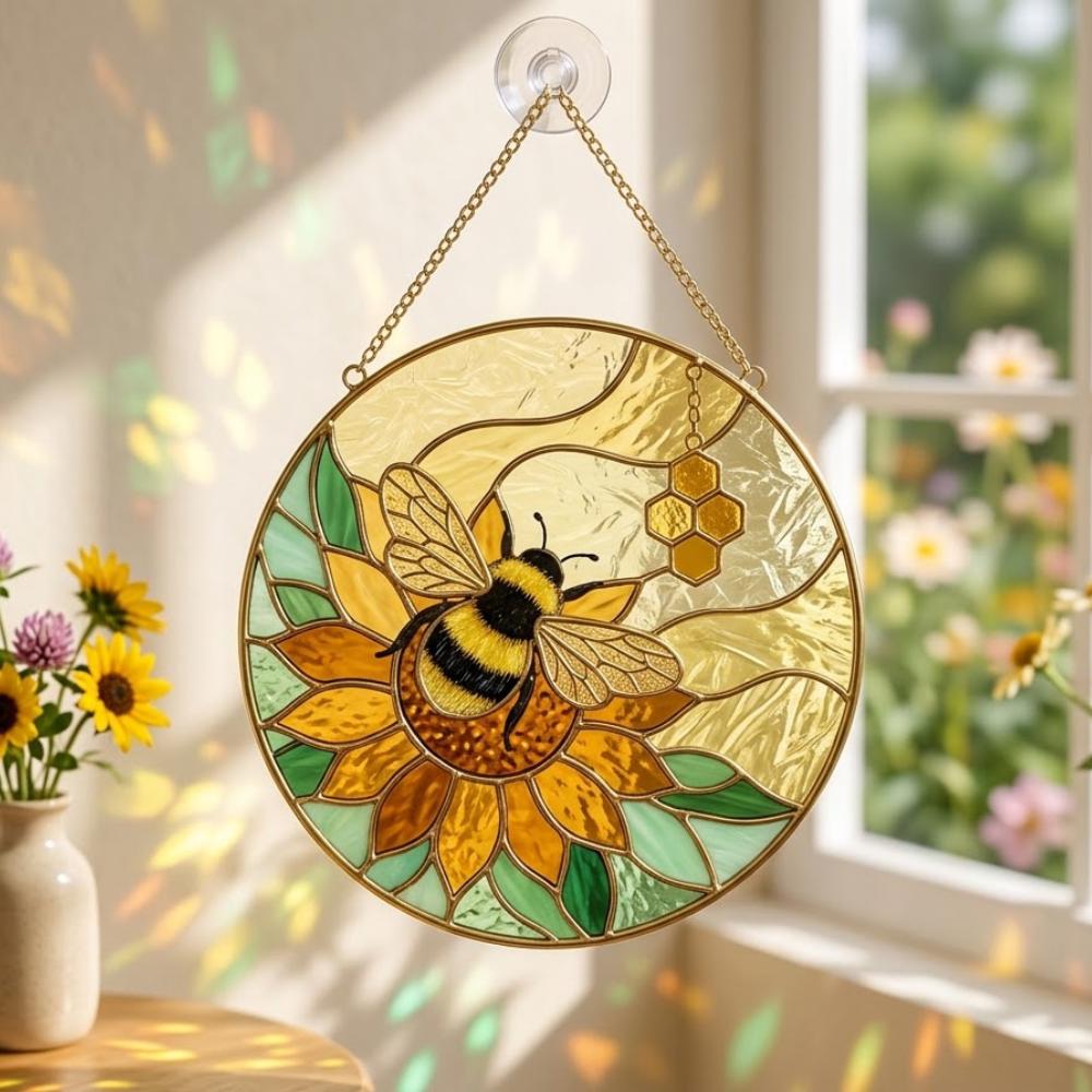 Bumblebee Suncatcher, Sunflower Stained Glass Window Hanging, Honeycomb Bee Decor, Bee Lover Gift, Garden Window Art YB1603 - Media 4