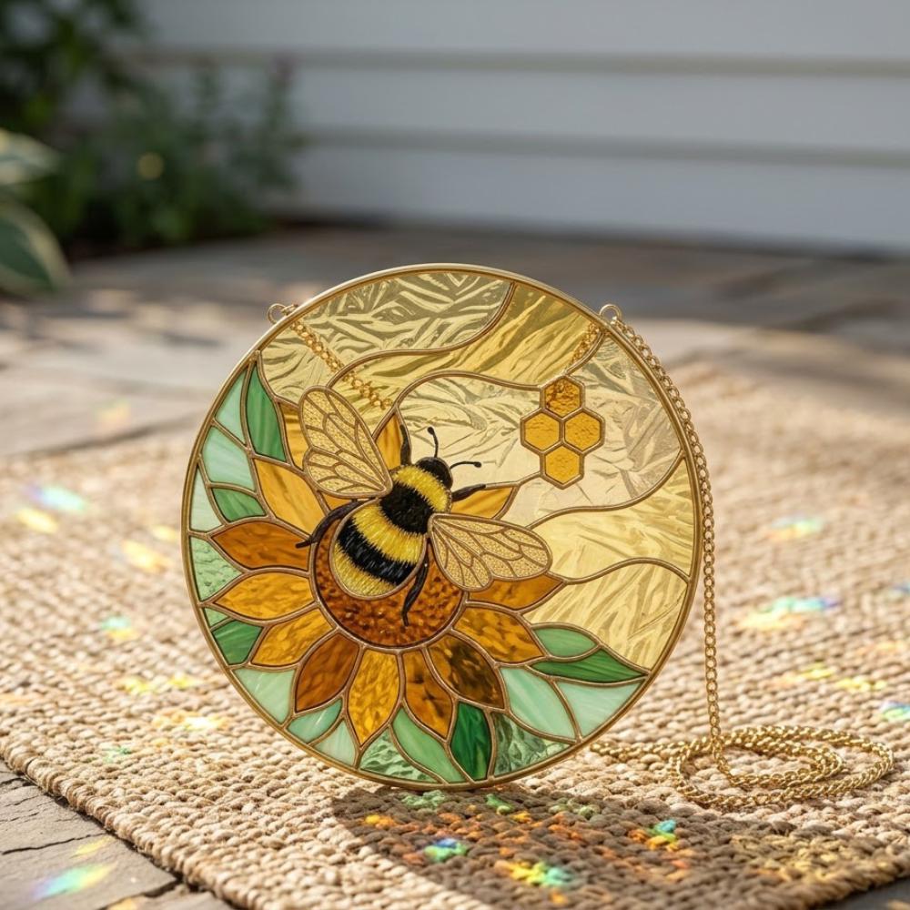 Bumblebee Suncatcher, Sunflower Stained Glass Window Hanging, Honeycomb Bee Decor, Bee Lover Gift, Garden Window Art YB1603 - Media 5