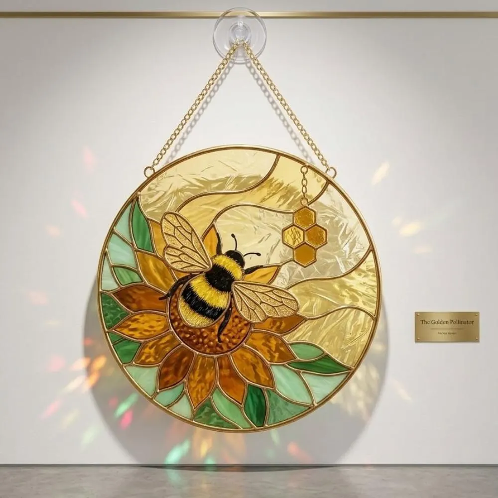 Bumblebee Suncatcher, Sunflower Stained Glass Window Hanging, Honeycomb Bee Decor, Bee Lover Gift, Garden Window Art YB1603 - Media 6