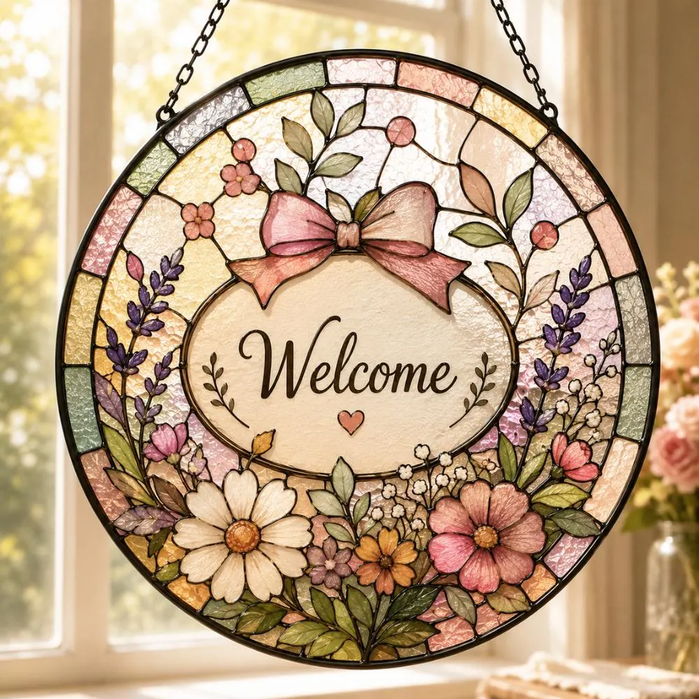Stained Glass Style Welcome Sign, Floral Lavender and Daisy Window Suncatcher, Cottagecore Front Door Decor, Housewarming Gift YB1603