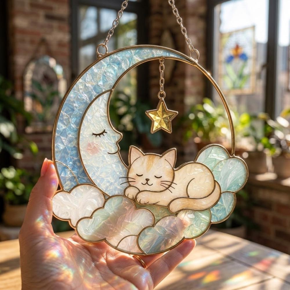 Stained Glass Cat Suncatcher, Sleeping Cat on Moon Window Hanging, Cat Lover Gift, Celestial Nursery Decor, Moon and Stars Wall Art YB1603