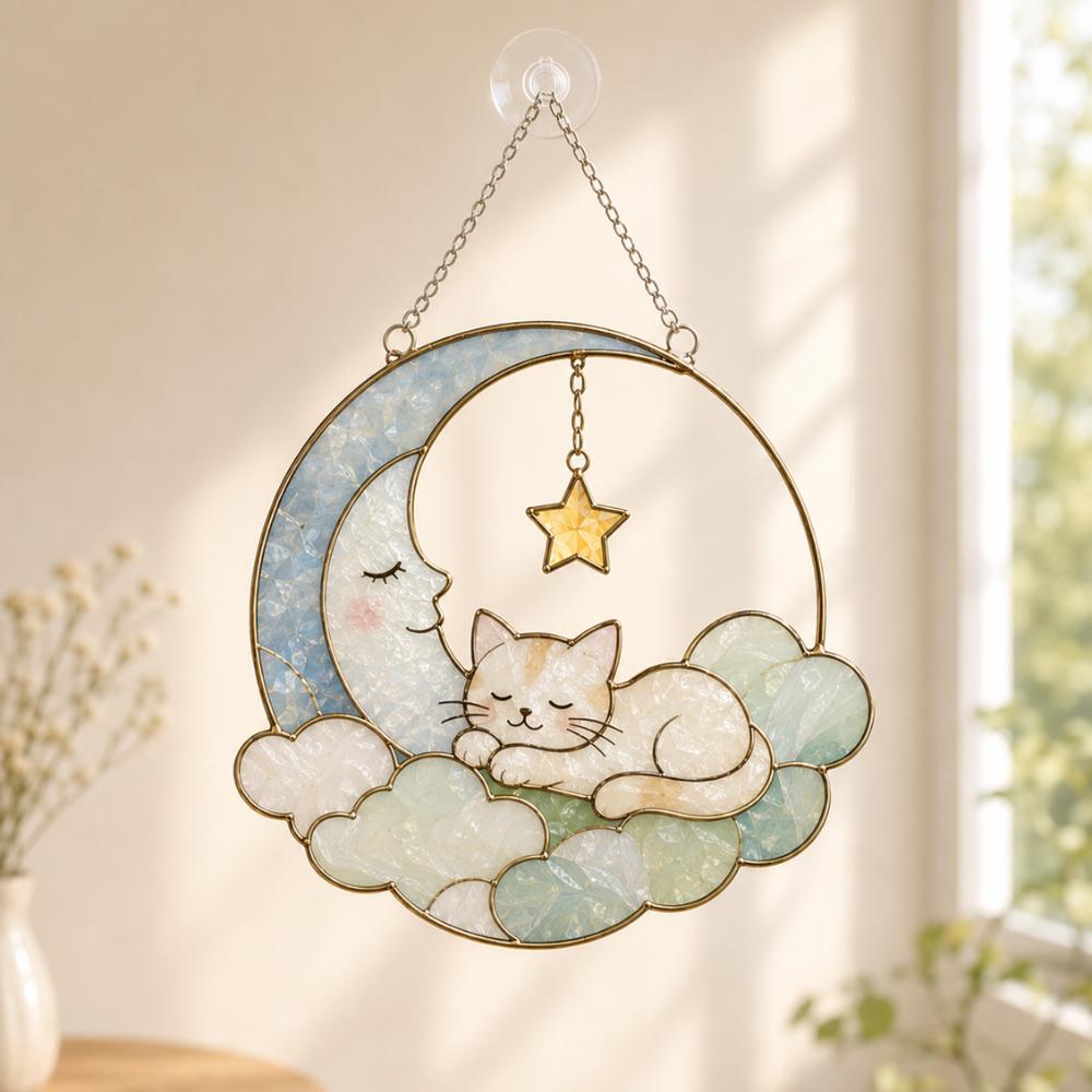 Stained Glass Cat Suncatcher, Sleeping Cat on Moon Window Hanging, Cat Lover Gift, Celestial Nursery Decor, Moon and Stars Wall Art YB1603 - Media 2