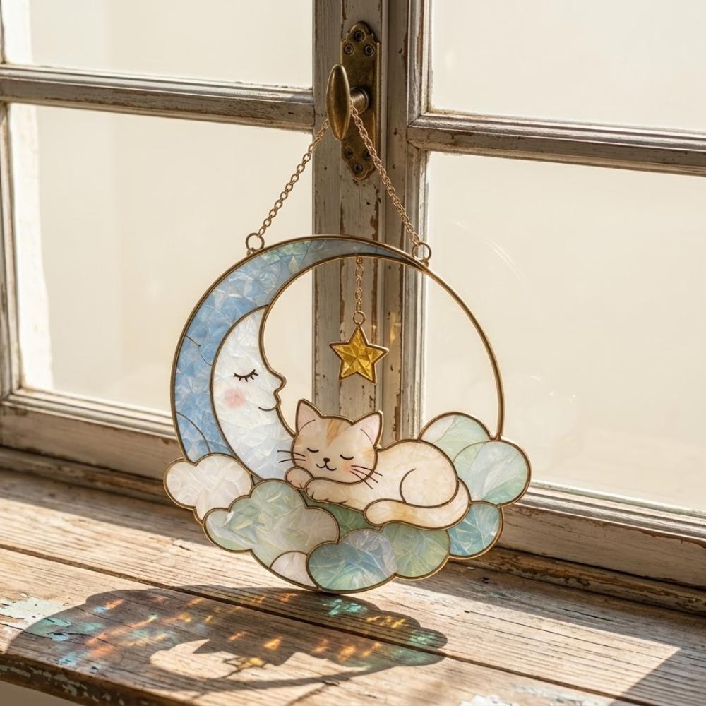 Stained Glass Cat Suncatcher, Sleeping Cat on Moon Window Hanging, Cat Lover Gift, Celestial Nursery Decor, Moon and Stars Wall Art YB1603 - Media 3
