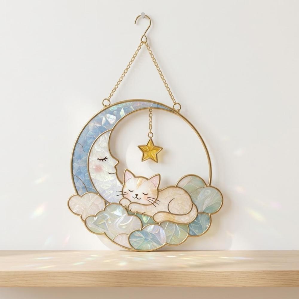 Stained Glass Cat Suncatcher, Sleeping Cat on Moon Window Hanging, Cat Lover Gift, Celestial Nursery Decor, Moon and Stars Wall Art YB1603 - Media 4