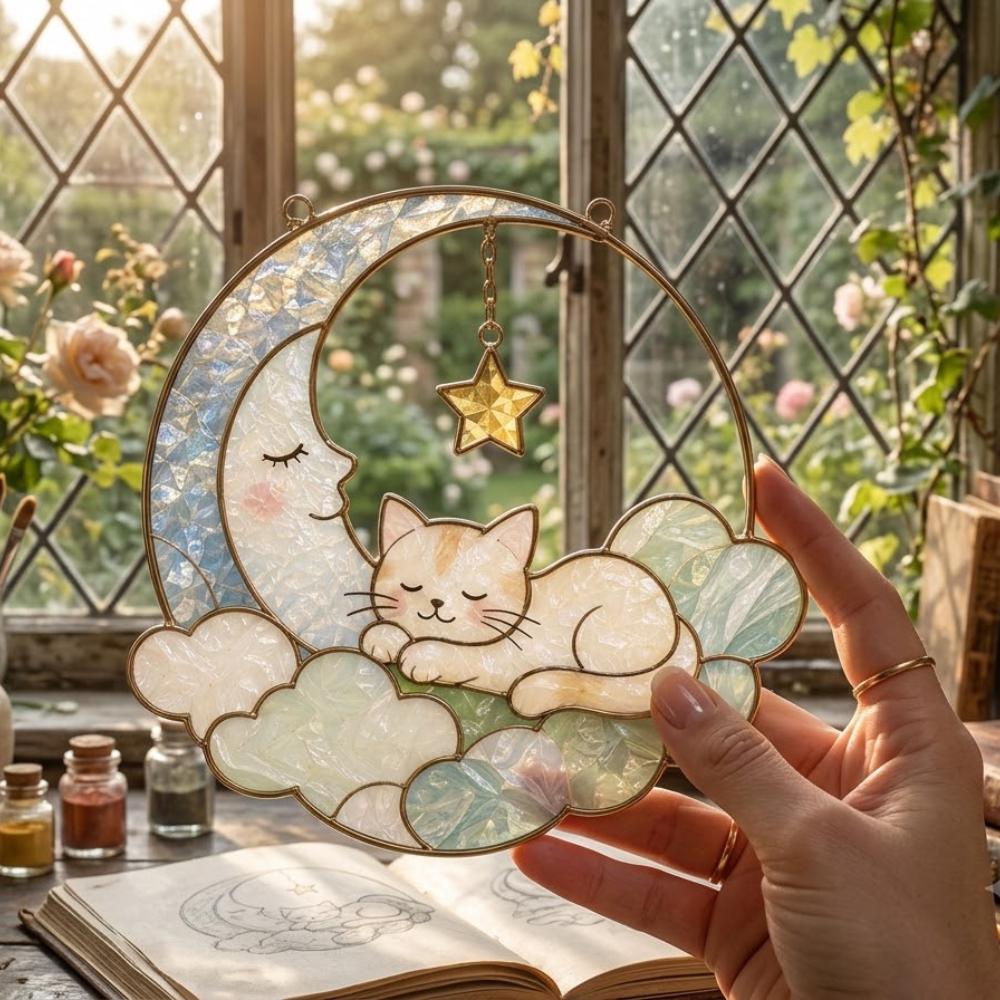 Stained Glass Cat Suncatcher, Sleeping Cat on Moon Window Hanging, Cat Lover Gift, Celestial Nursery Decor, Moon and Stars Wall Art YB1603 - Media 5