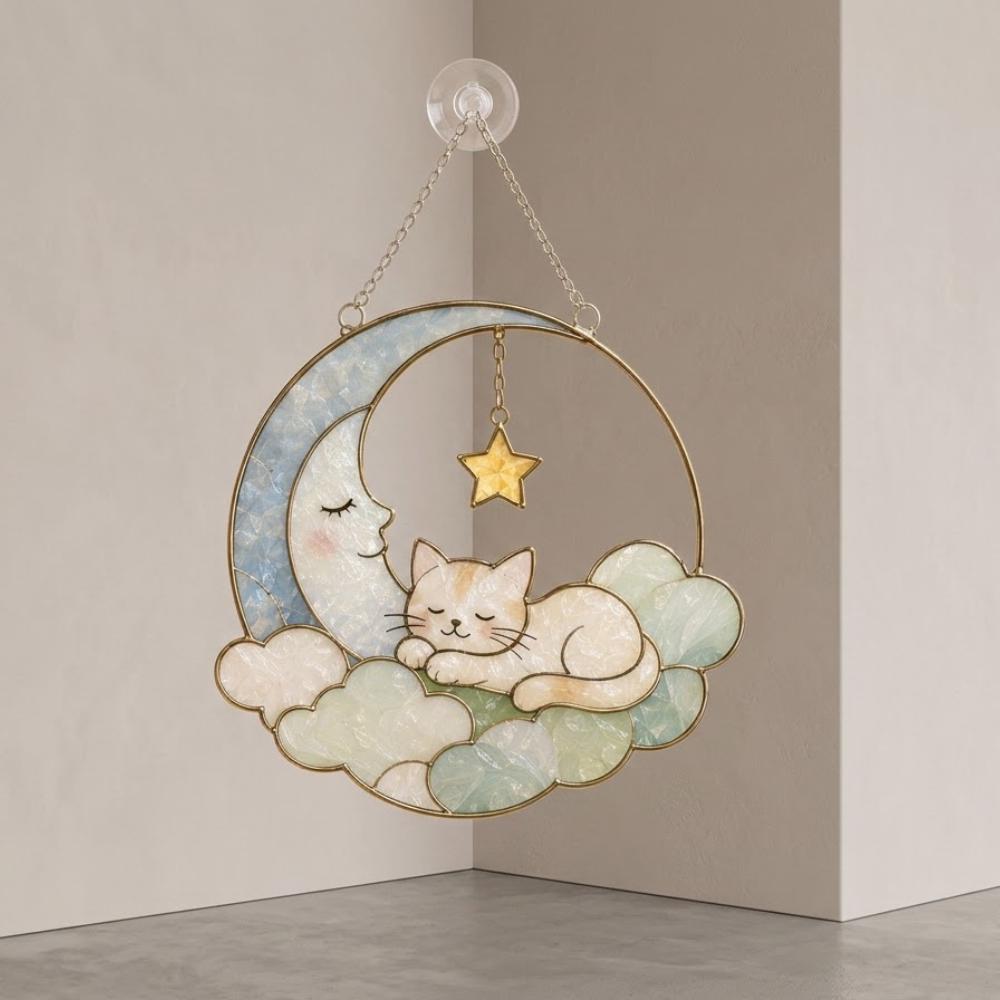 Stained Glass Cat Suncatcher, Sleeping Cat on Moon Window Hanging, Cat Lover Gift, Celestial Nursery Decor, Moon and Stars Wall Art YB1603 - Media 6
