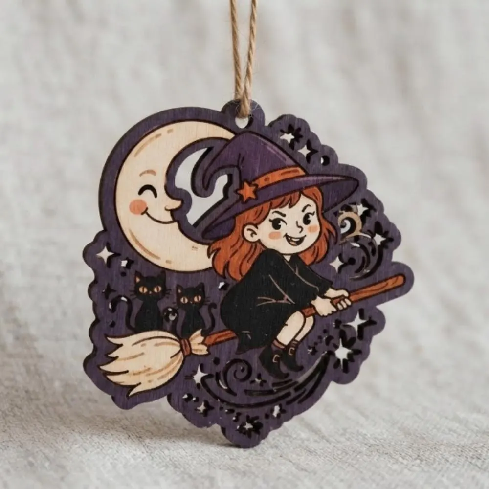 Cute Witch on Broomstick Halloween Ornament, Wooden Black Cat and Moon Decor, Whimsical Halloween Tree Hanging, Spooky Season Gift YB1603