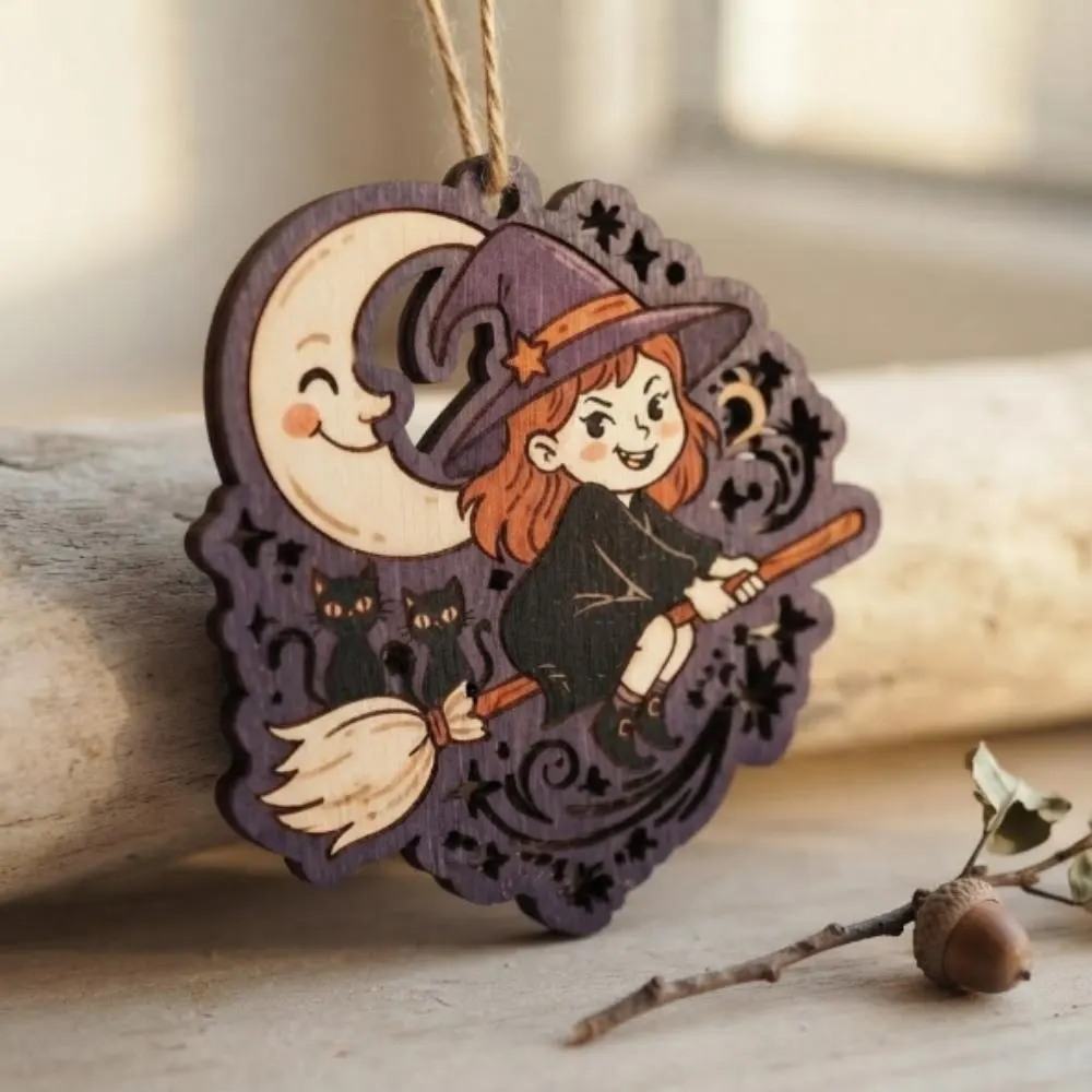 Cute Witch on Broomstick Halloween Ornament, Wooden Black Cat and Moon Decor, Whimsical Halloween Tree Hanging, Spooky Season Gift YB1603 - Media 2