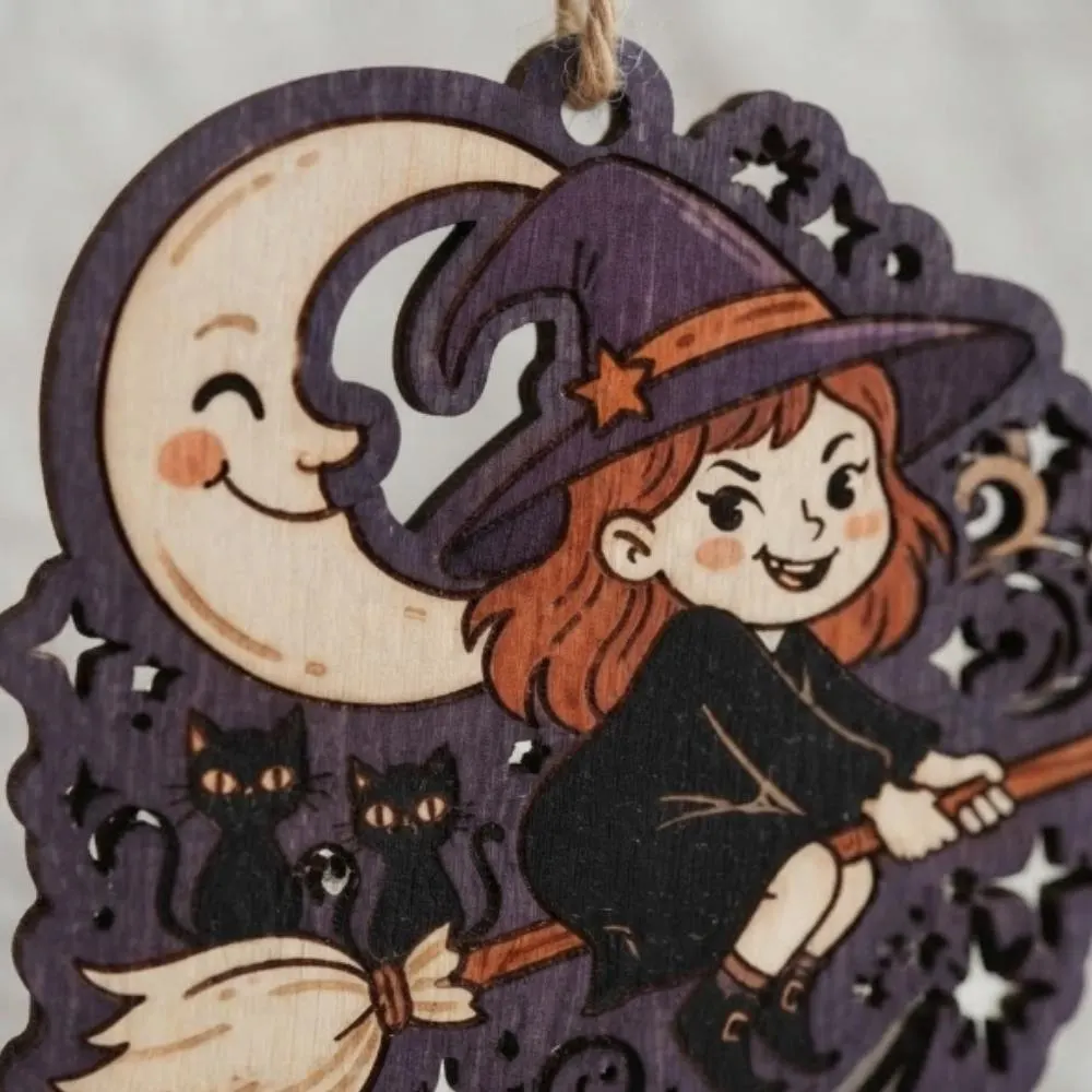 Cute Witch on Broomstick Halloween Ornament, Wooden Black Cat and Moon Decor, Whimsical Halloween Tree Hanging, Spooky Season Gift YB1603 - Media 3