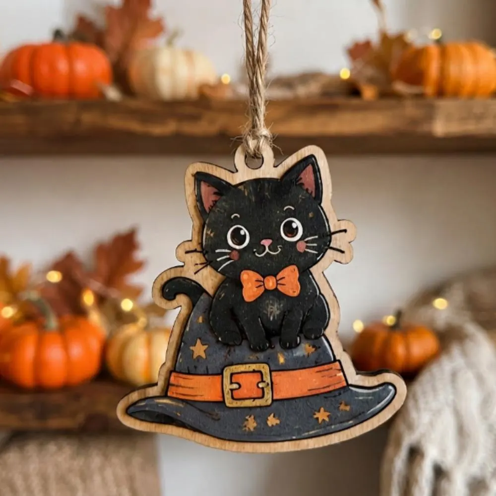 Black Cat in Witch Hat Halloween Ornament, Wooden Kitten with Bow Tie Decor, Cute Spooky Season Gift, Whimsical Halloween Tree YB1603