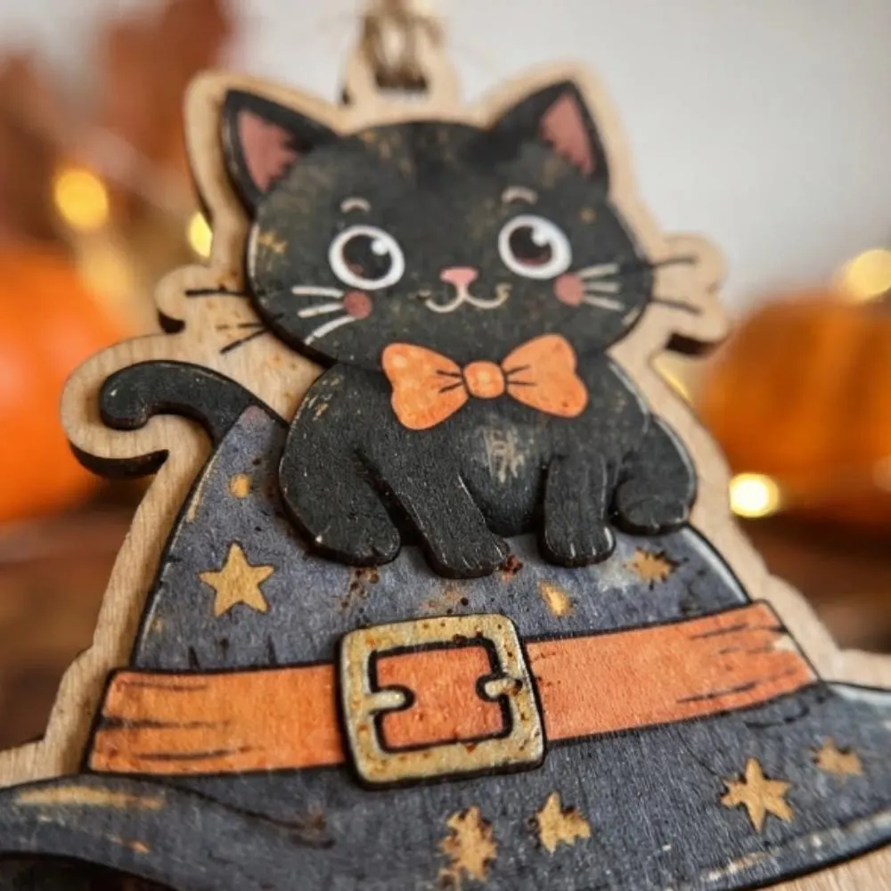Black Cat in Witch Hat Halloween Ornament, Wooden Kitten with Bow Tie Decor, Cute Spooky Season Gift, Whimsical Halloween Tree YB1603 - Media 2