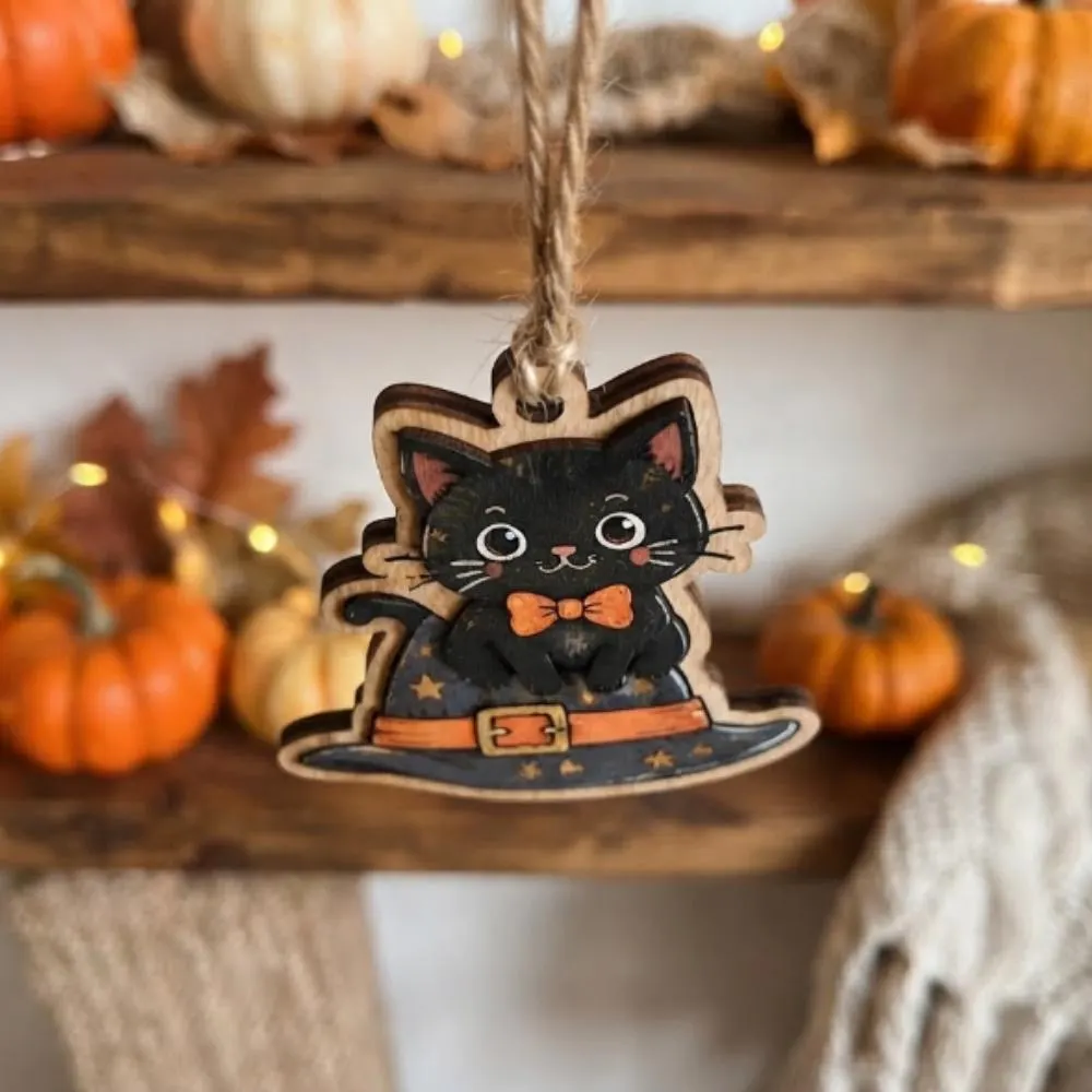 Black Cat in Witch Hat Halloween Ornament, Wooden Kitten with Bow Tie Decor, Cute Spooky Season Gift, Whimsical Halloween Tree YB1603 - Media 3