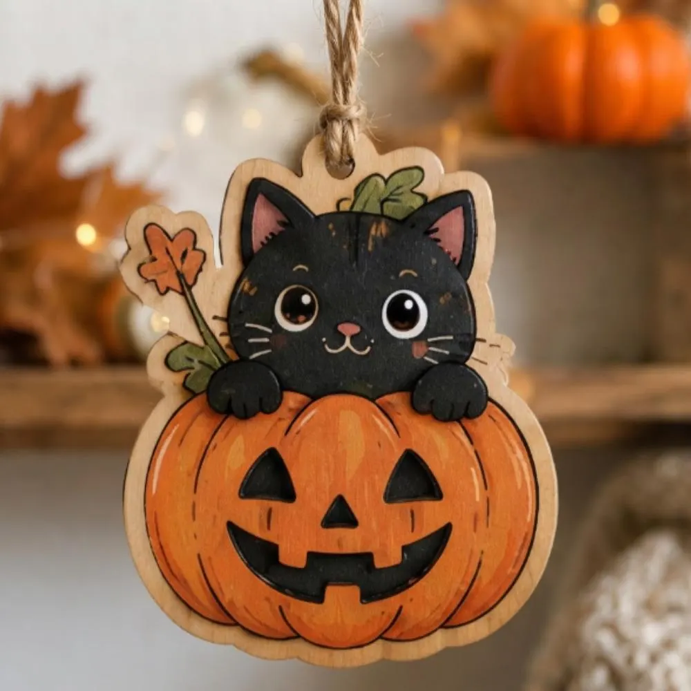 Black Cat in Pumpkin Halloween Ornament, Wooden Jack-o-lantern Kitten Decor, Cute Spooky Season Gift, Whimsical Fall Tree Hanging YB1603