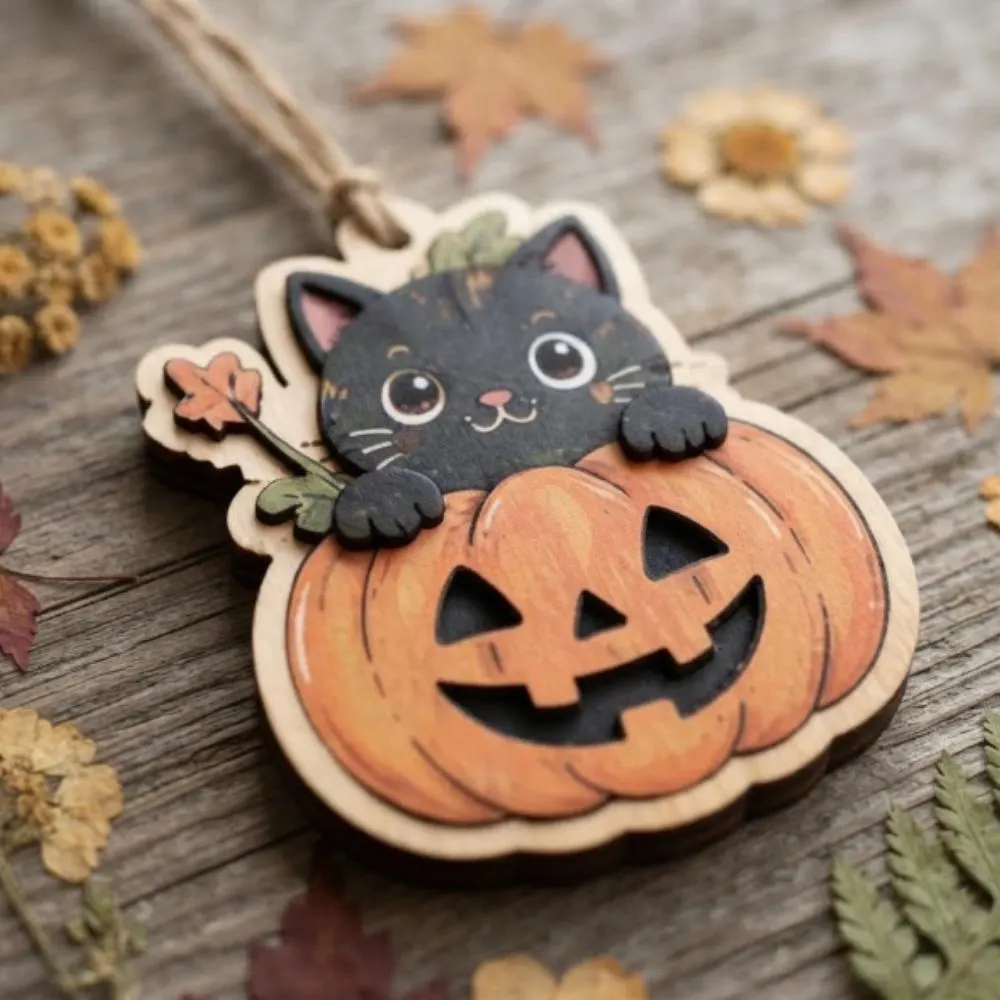 Black Cat in Pumpkin Halloween Ornament, Wooden Jack-o-lantern Kitten Decor, Cute Spooky Season Gift, Whimsical Fall Tree Hanging YB1603 - Media 2