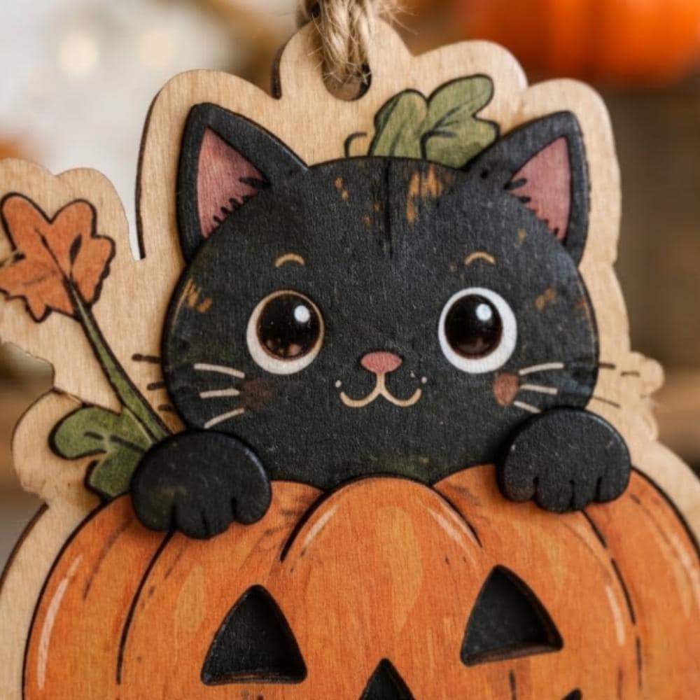 Black Cat in Pumpkin Halloween Ornament, Wooden Jack-o-lantern Kitten Decor, Cute Spooky Season Gift, Whimsical Fall Tree Hanging YB1603 - Media 3