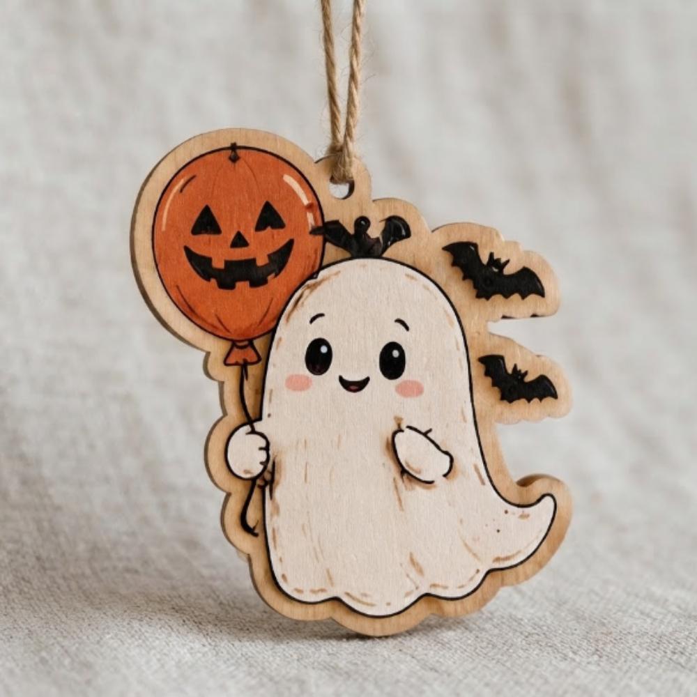 Cute Ghost with Pumpkin Balloon Halloween Ornament, Wooden Bats and Ghostie Decor, Whimsical Halloween Tree Hanging YB1603
