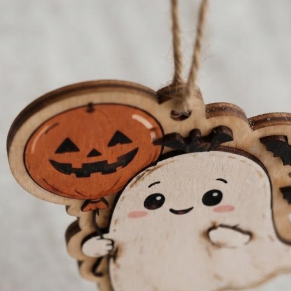 Cute Ghost with Pumpkin Balloon Halloween Ornament, Wooden Bats and Ghostie Decor, Whimsical Halloween Tree Hanging YB1603 - Media 2