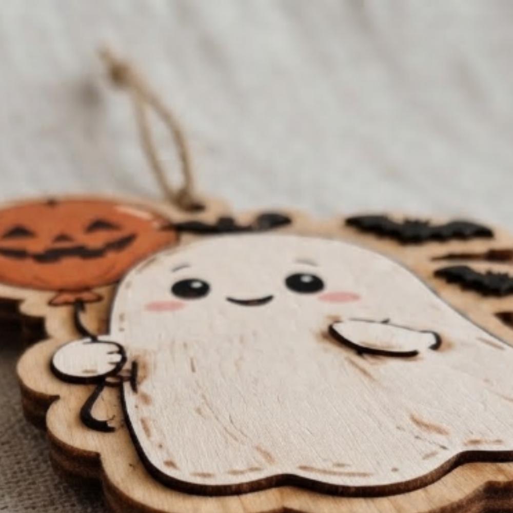 Cute Ghost with Pumpkin Balloon Halloween Ornament, Wooden Bats and Ghostie Decor, Whimsical Halloween Tree Hanging YB1603 - Media 3