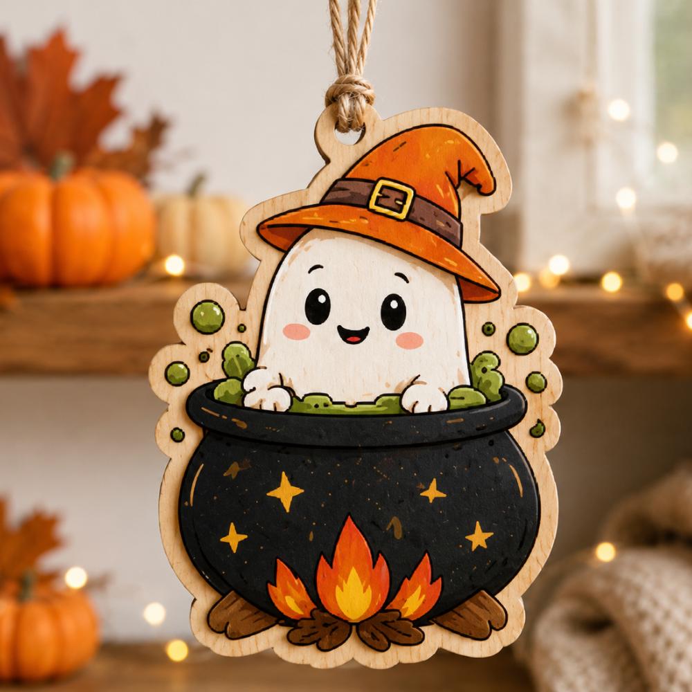 Cute Ghost in Cauldron Halloween Ornament, Wooden Witch Hat Ghostie Decor, Whimsical Halloween Tree Hanging, Spooky Season Gift YB1603