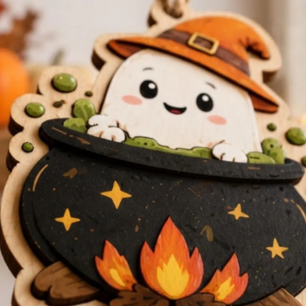 Cute Ghost in Cauldron Halloween Ornament, Wooden Witch Hat Ghostie Decor, Whimsical Halloween Tree Hanging, Spooky Season Gift YB1603 - Media 2