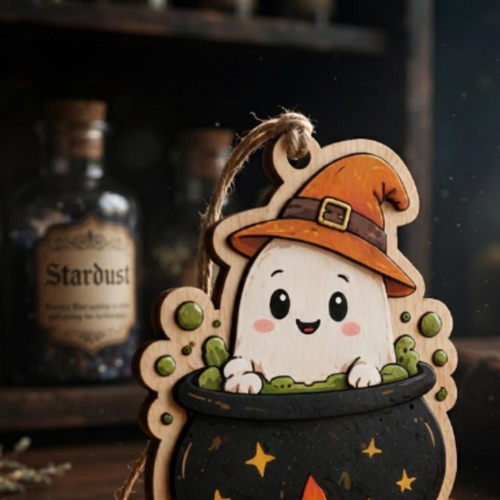 Cute Ghost in Cauldron Halloween Ornament, Wooden Witch Hat Ghostie Decor, Whimsical Halloween Tree Hanging, Spooky Season Gift YB1603 - Media 3