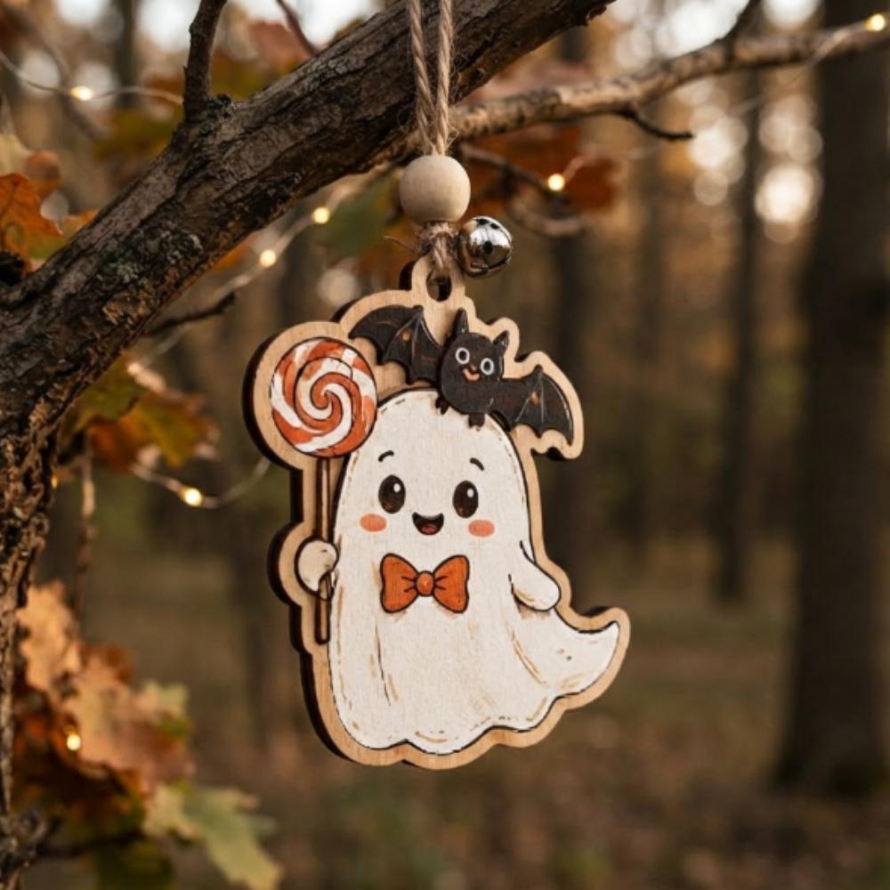 Cute Ghost Halloween Ornament, Wooden Bat and Lollipop Ghostie Decor, Whimsical Halloween Tree Hanging, Spooky Season Gift YB1603