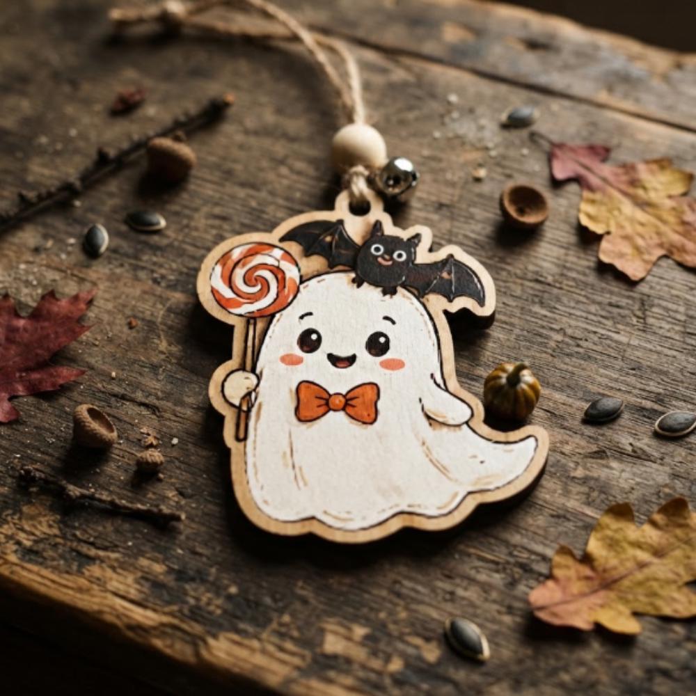 Cute Ghost Halloween Ornament, Wooden Bat and Lollipop Ghostie Decor, Whimsical Halloween Tree Hanging, Spooky Season Gift YB1603 - Media 2