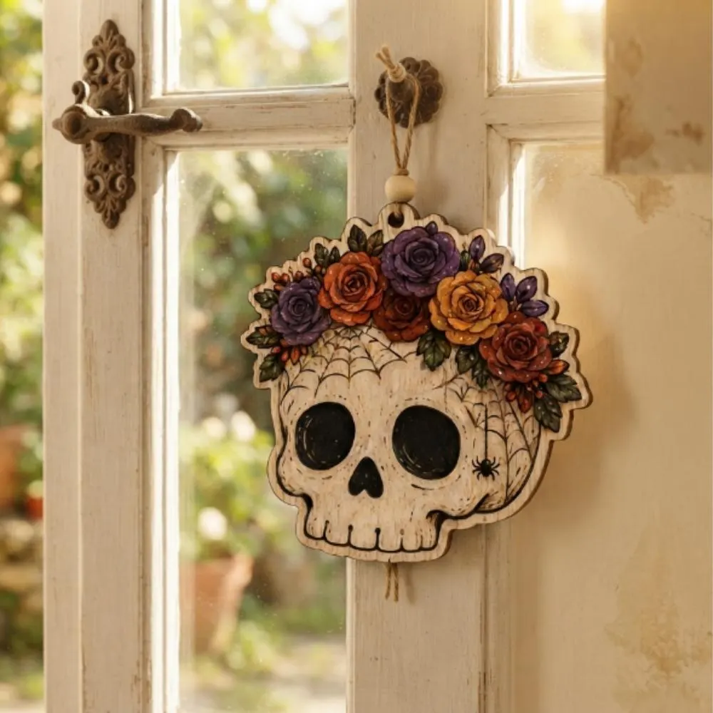 Wooden Floral Skull Ornament, Halloween Wall Hanging Decor, Gothic Rose Flower Crown, Spooky Aesthetic Gift YB1603