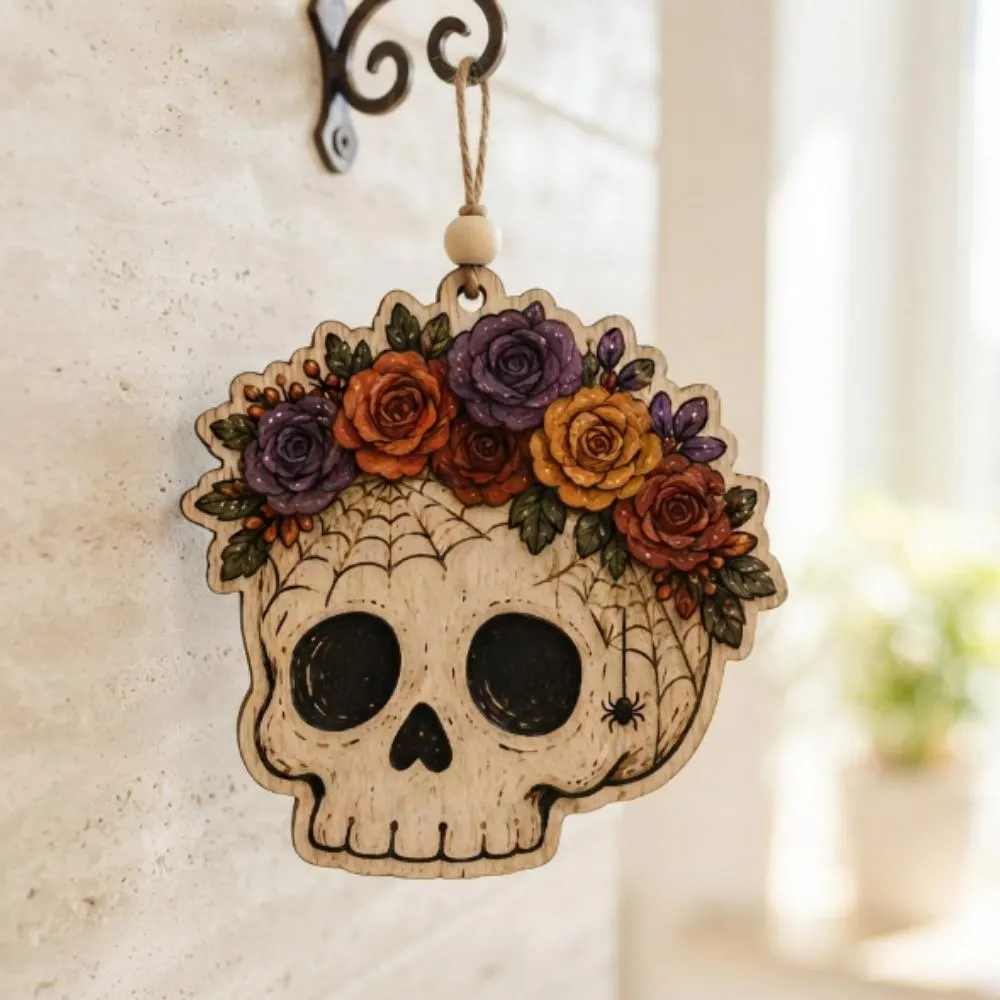 Wooden Floral Skull Ornament, Halloween Wall Hanging Decor, Gothic Rose Flower Crown, Spooky Aesthetic Gift YB1603 - Media 2